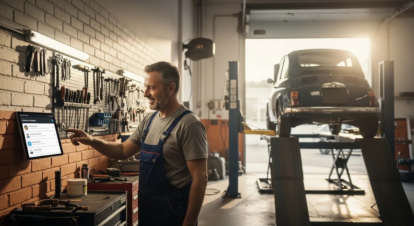 Mecànic de taller consultant una tablet amb eines digitals, simbolitzant l'automatització de processos en una pime