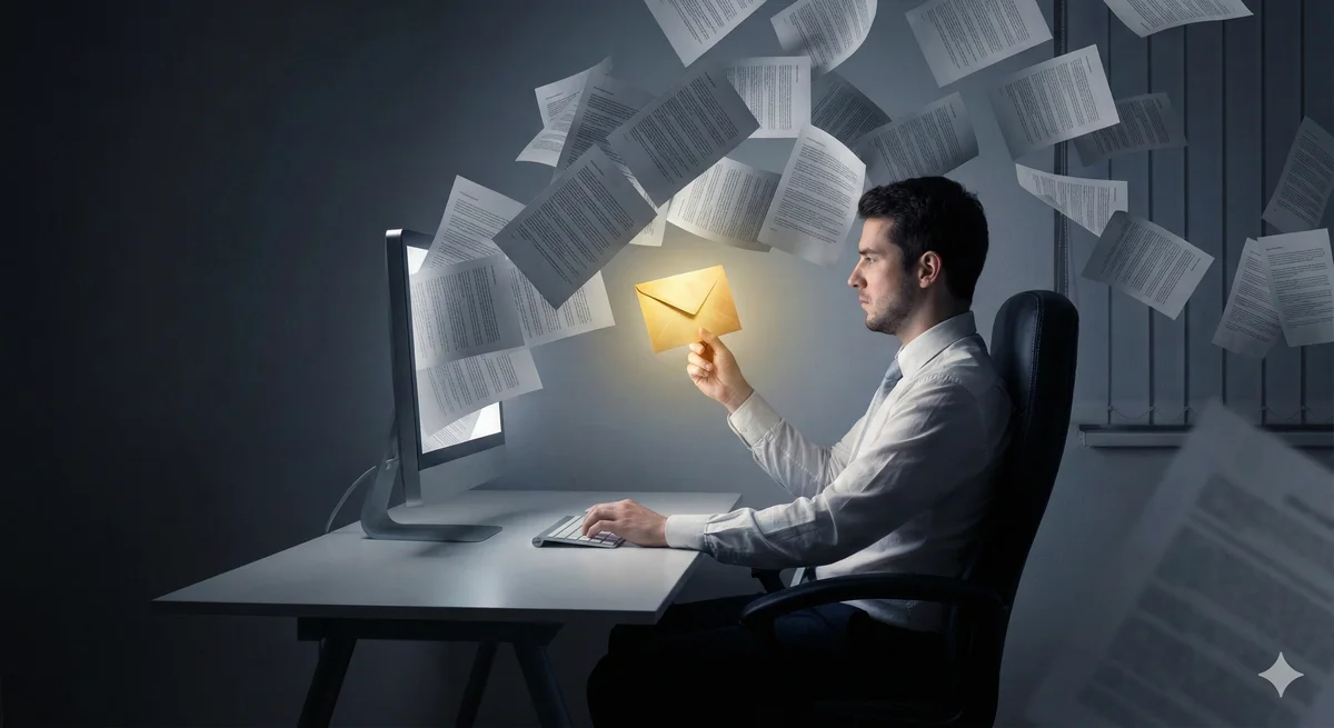 Un home en una oficina sosté amb atenció una única carta daurada i brillant, mentre ignora una allau massiva de papers grisos i idèntics que brollen de la pantalla de l'ordinador, simbolitzant el valor de la qualitat humana davant el soroll de l'automatització massiva.