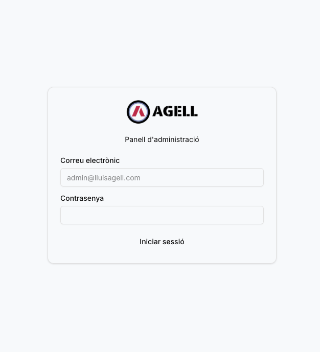 Panell d'administració d'Agell amb logo corporatiu i formulari de login (correu i contrasenya)