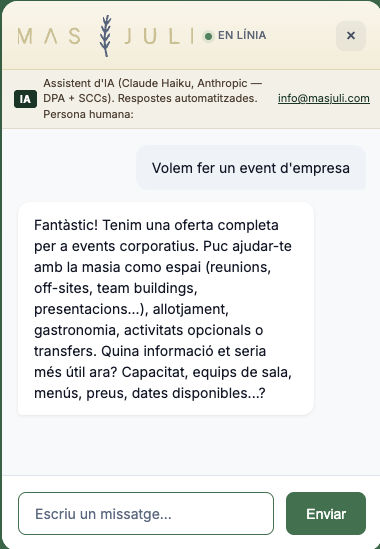 Conversa de qualificació de lead per a esdeveniments corporatius (data, assistents, tipus d'event)