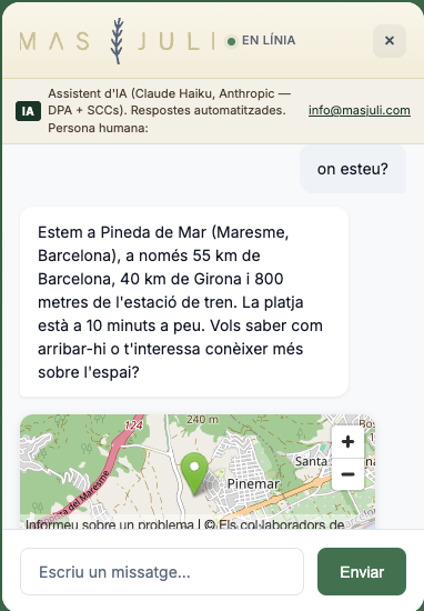Xatbot Julia de Mas Juli mostrant la ubicació amb mapa integrat dins de la conversa