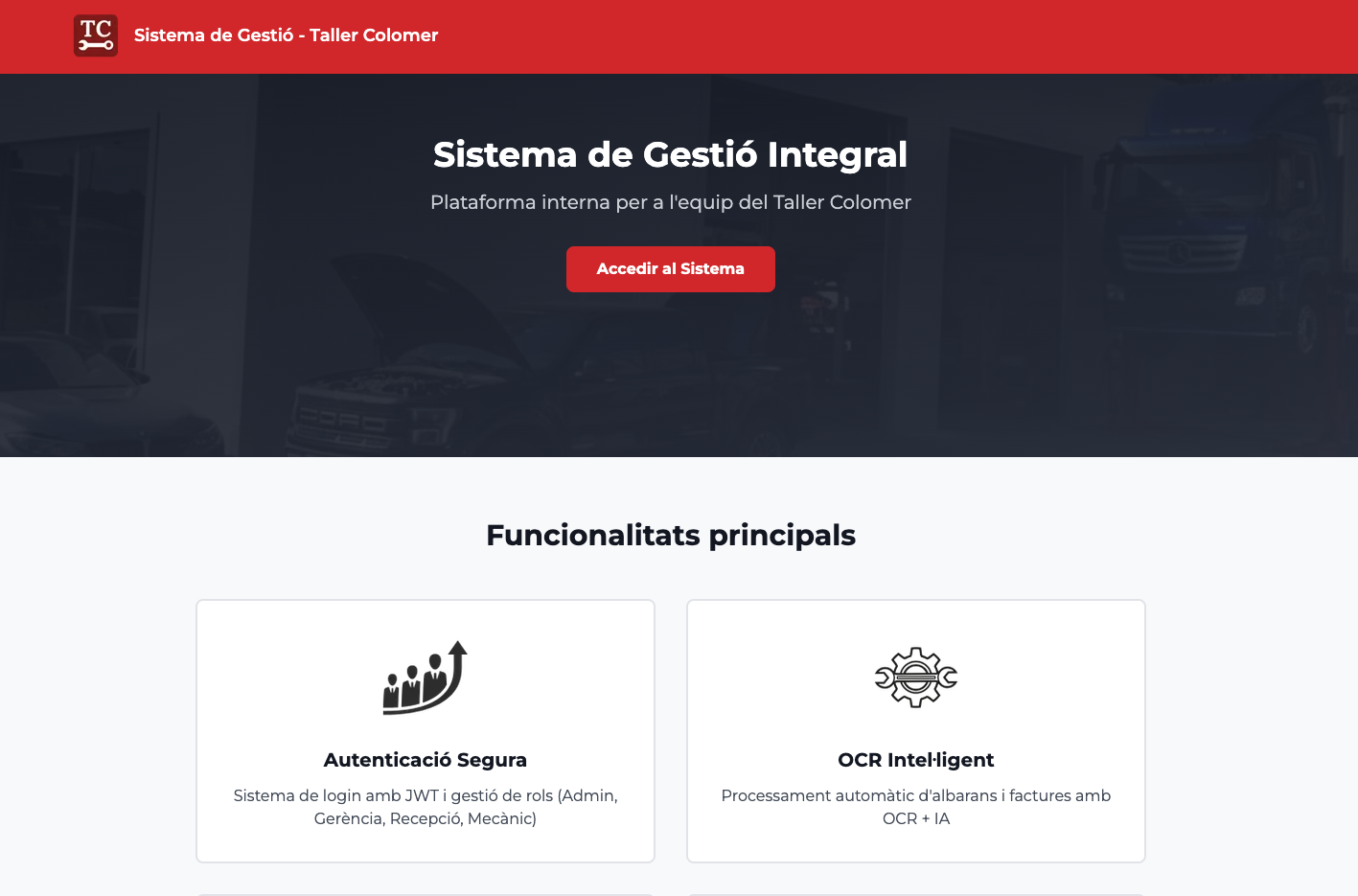 Pantalla d'entrada del sistema de gestió integral del Taller Colomer amb el botó 'Accedir al Sistema' i les funcionalitats principals