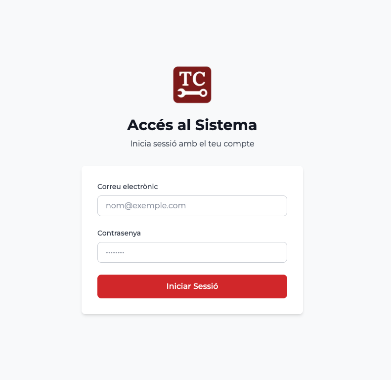 Pantalla d'accés al sistema amb logo TC i formulari de login (correu electrònic + contrasenya)