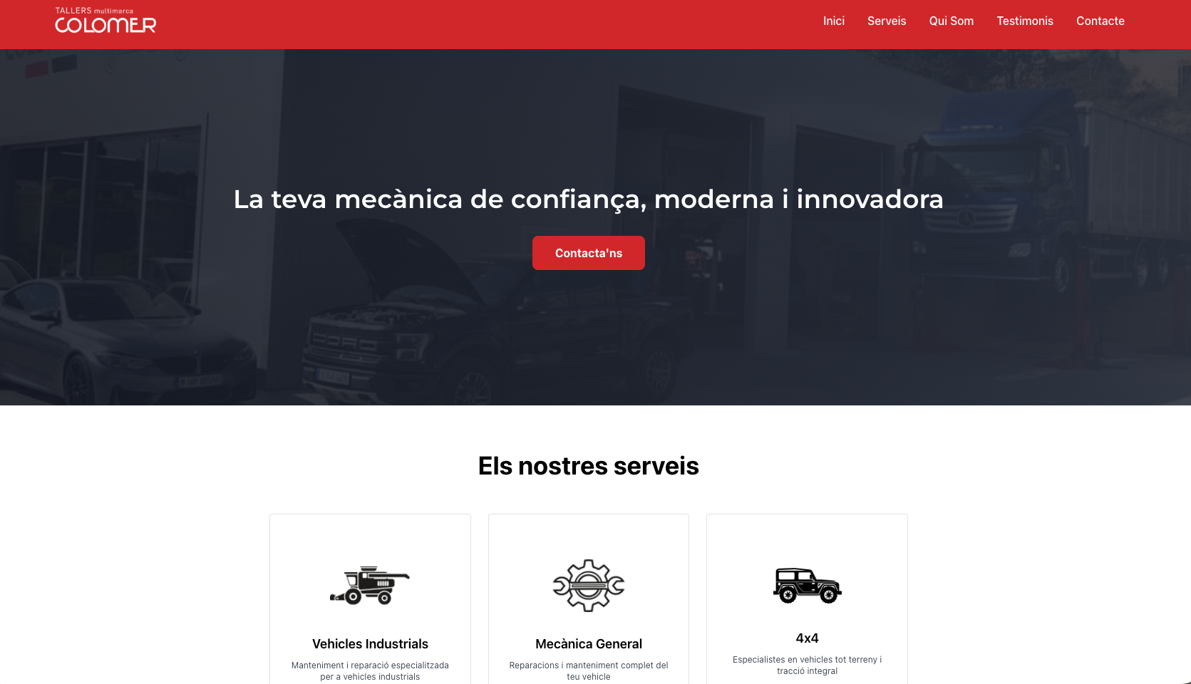 Hero de la web pública tallercolomer.cat amb el reclam 'La teva mecànica de confiança, moderna i innovadora' i les tres especialitats: Vehicles industrials, Mecànica General, 4x4