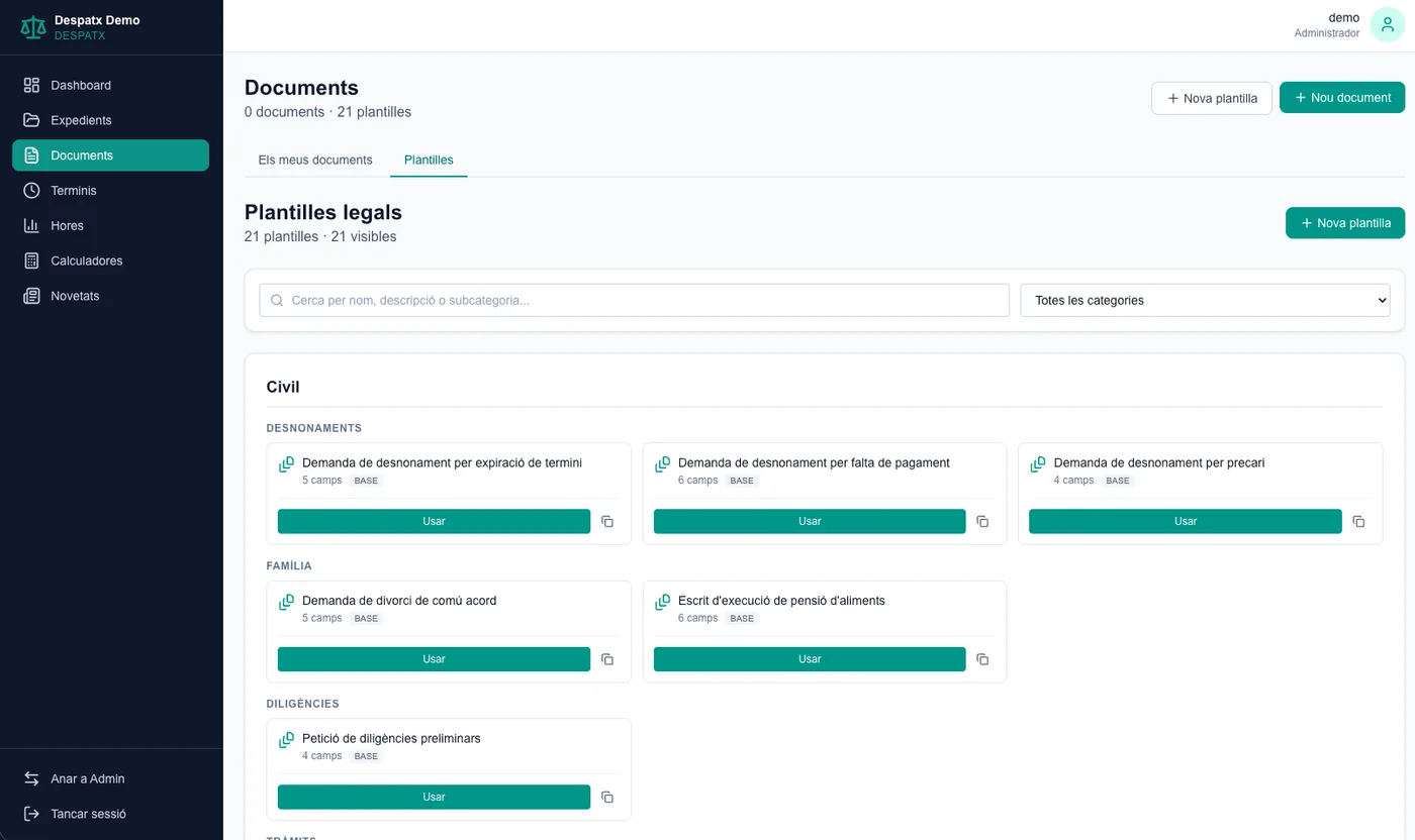 Biblioteca de plantilles legals organitzades per categories (Civil, Família, Diligències) — desnonaments, divorcis i altres procediments